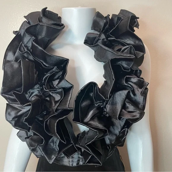 Black satin deep V-neck high low ruffle dress - Picture 3 of 13